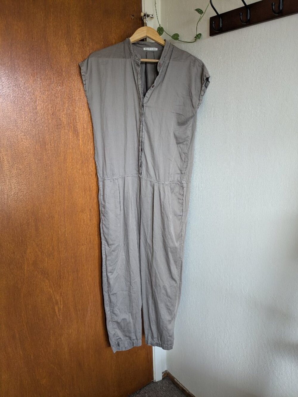Black Crane Cotton Jumpsuit Tan Brown Small Pockets Buttons Sleeveless